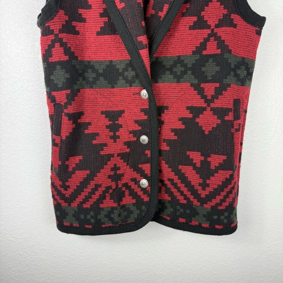 Woolrich vintage 80s RED BLACK AZTEC SHAWL NECK WOOL BUTTON UP VEST size S - Picture 6 of 8